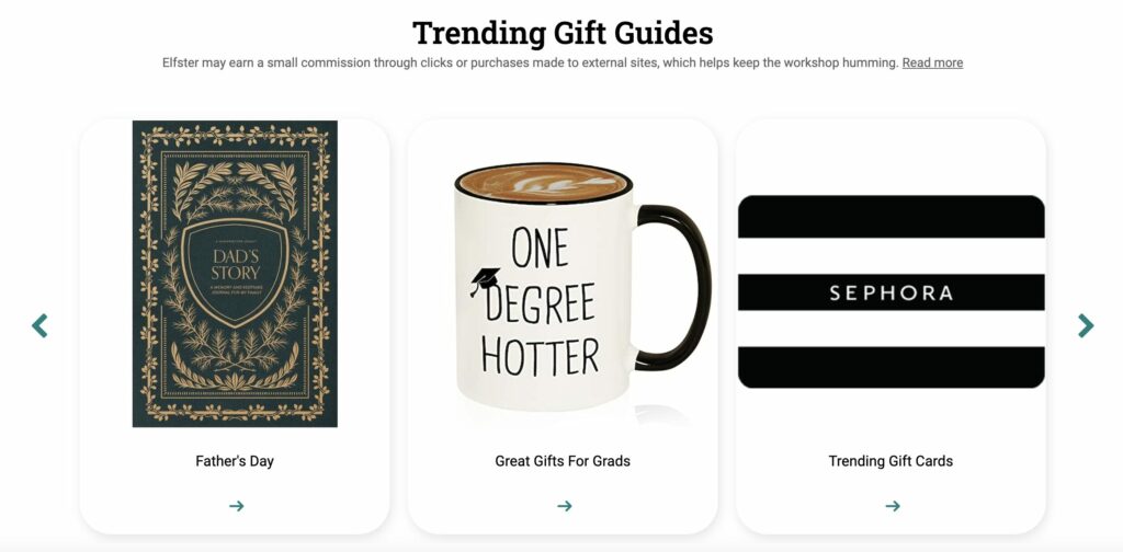 Screenshot image highlighting gift guides Great Gifts for Grads, Father's Day and Trending Gift Cards